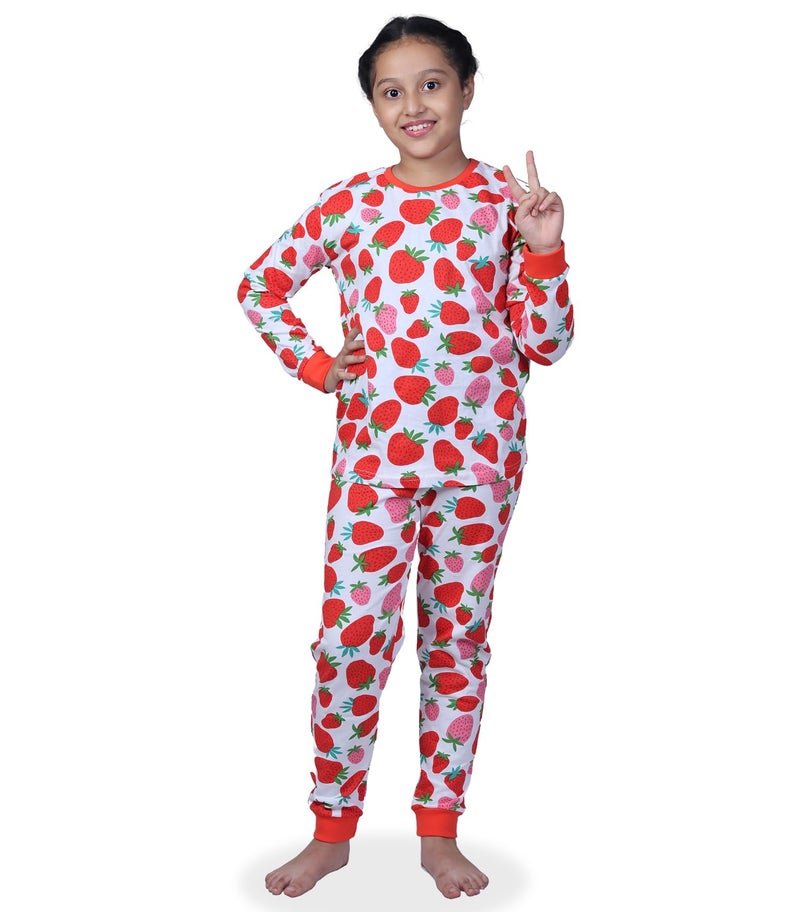Hestia|Kids Girls Night Suit|Comfortable Fit Night Dress|Cotton Pajama Sets|Jogger Style|Bottom Pyjama Full Sleeve Tshirts Sleepwear For Girls|Strawberry|2-4 Yrs|Offwhite|(Set 1),Off White,2 -4 Years - Image 1