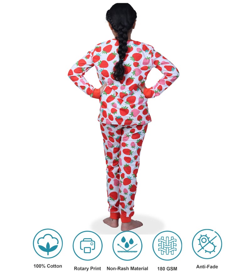 Hestia|Kids Girls Night Suit|Comfortable Fit Night Dress|Cotton Pajama Sets|Jogger Style|Bottom Pyjama Full Sleeve Tshirts Sleepwear For Girls|Strawberry|2-4 Yrs|Offwhite|(Set 1),Off White,2 -4 Years - Image 5