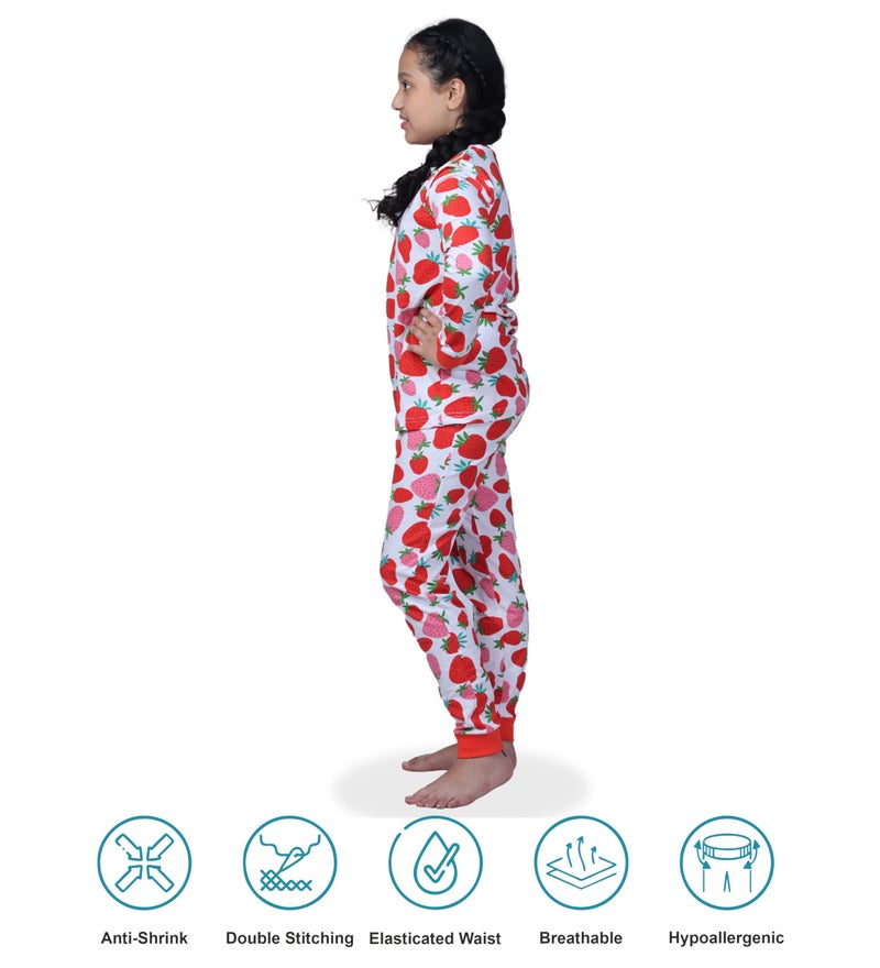 Hestia|Kids Girls Night Suit|Comfortable Fit Night Dress|Cotton Pajama Sets|Jogger Style|Bottom Pyjama Full Sleeve Tshirts Sleepwear For Girls|Strawberry|2-4 Yrs|Offwhite|(Set 1),Off White,2 -4 Years - Image 4