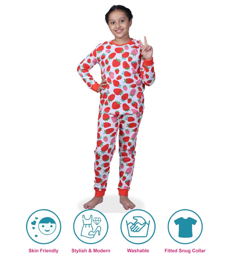 Hestia|Kids Girls Night Suit|Comfortable Fit Night Dress|Cotton Pajama Sets|Jogger Style|Bottom Pyjama Full Sleeve Tshirts Sleepwear For Girls|Strawberry|2-4 Yrs|Offwhite|(Set 1),Off White,2 -4 Years - Image 2