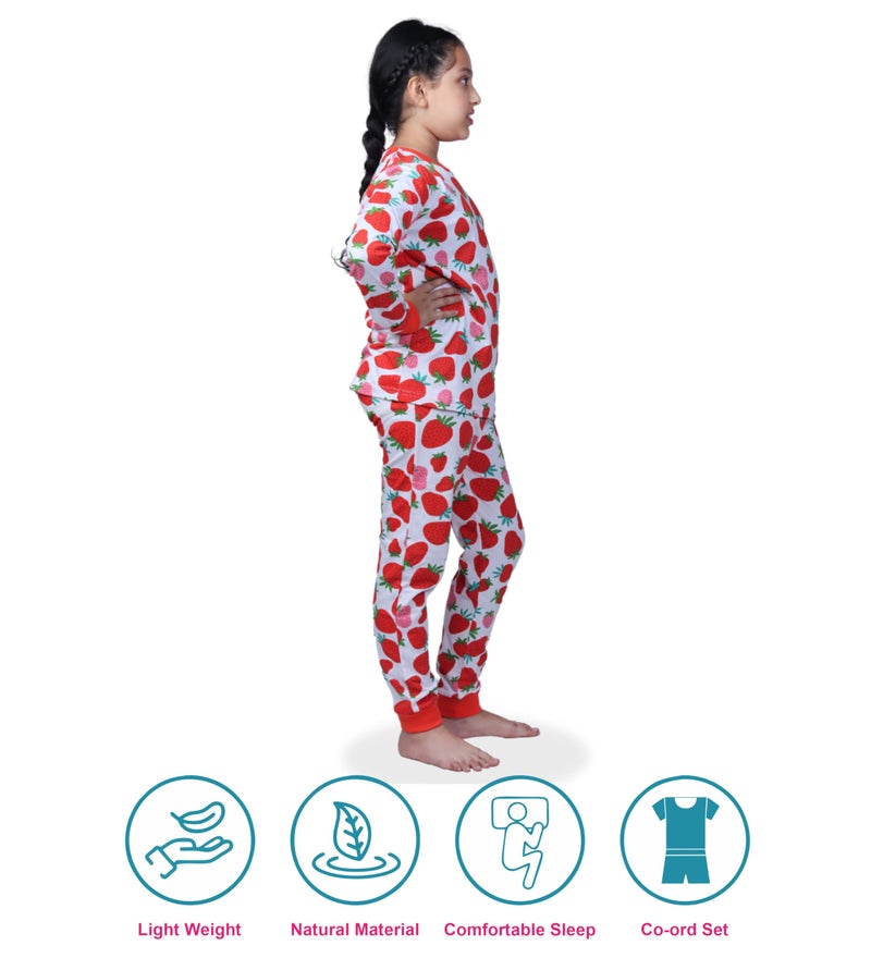 Hestia|Kids Girls Night Suit|Comfortable Fit Night Dress|Cotton Pajama Sets|Jogger Style|Bottom Pyjama Full Sleeve Tshirts Sleepwear For Girls|Strawberry|2-4 Yrs|Offwhite|(Set 1),Off White,2 -4 Years - Image 3