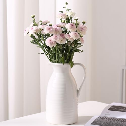 hjn Farmhouse Pitcher Vase for Flowers Ceramic Pitcher White Flower Vase for Your KitchenHome DecorOfficeLiving RoomBookshelfMantelWhite
