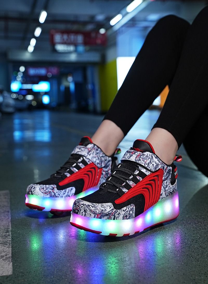 Loquat Rage Shoes For Boys And Girls Single And Double Wheel LED Flashing Lights Automatic Invisible Roller Skates Red  - Image 1