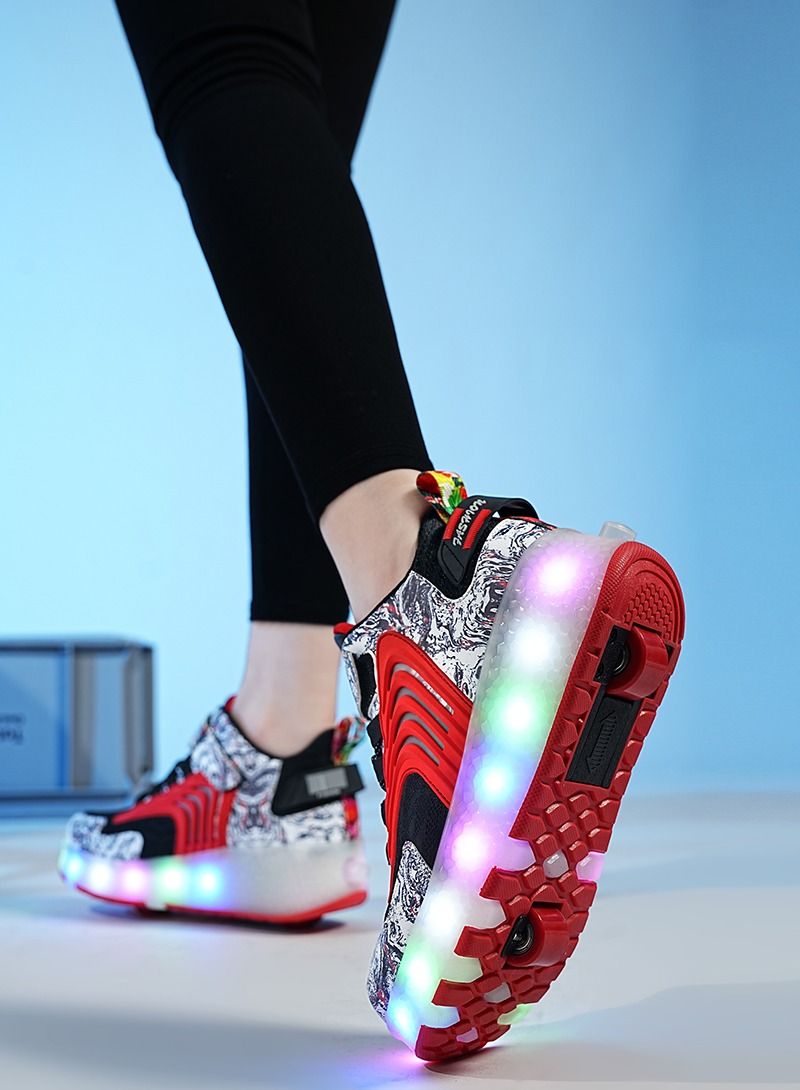 Loquat Rage Shoes For Boys And Girls Single And Double Wheel LED Flashing Lights Automatic Invisible Roller Skates Red  - Image 2