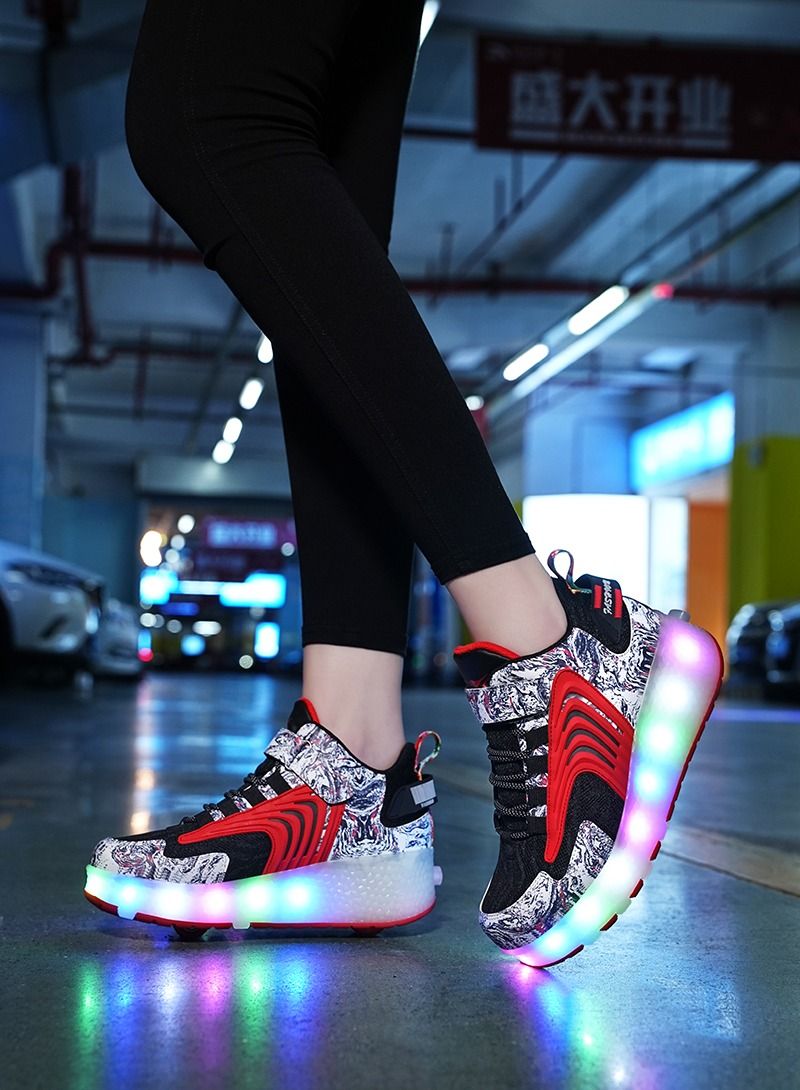 Loquat Rage Shoes For Boys And Girls Single And Double Wheel LED Flashing Lights Automatic Invisible Roller Skates Red  - Image 3