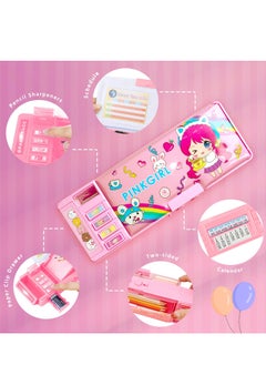 Generic Pop Up Multifunction Pencil Case for Girls Cartoon Pen Box Organizer Stationery with Password Lock Sharpener Schedule Whiteboard School Supplies -Pink  - Image 3