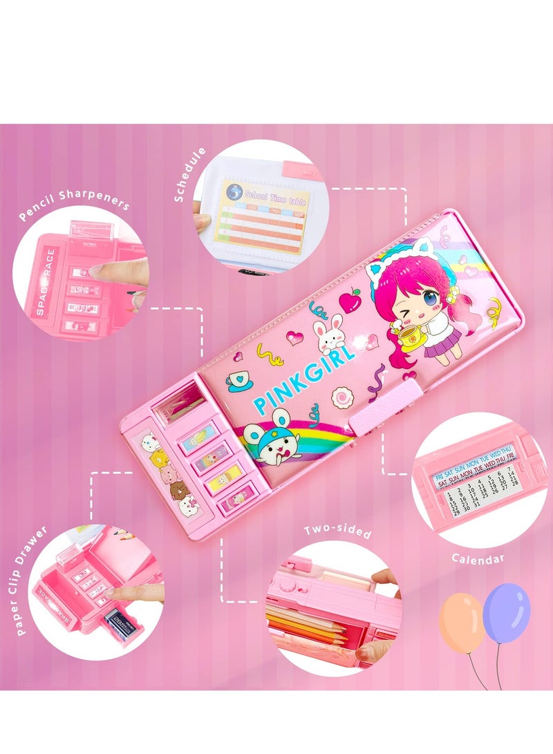 Pop Up Multifunction Pencil Case for Girls Cartoon Pen Box Organizer Stationery with Password Lock Sharpener Schedule Whiteboard School Supplies -Pink