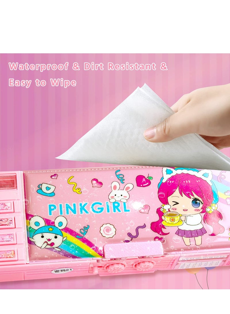Pop Up Multifunction Pencil Case for Girls Cartoon Pen Box Organizer Stationery with Password Lock Sharpener Schedule Whiteboard School Supplies -Pink