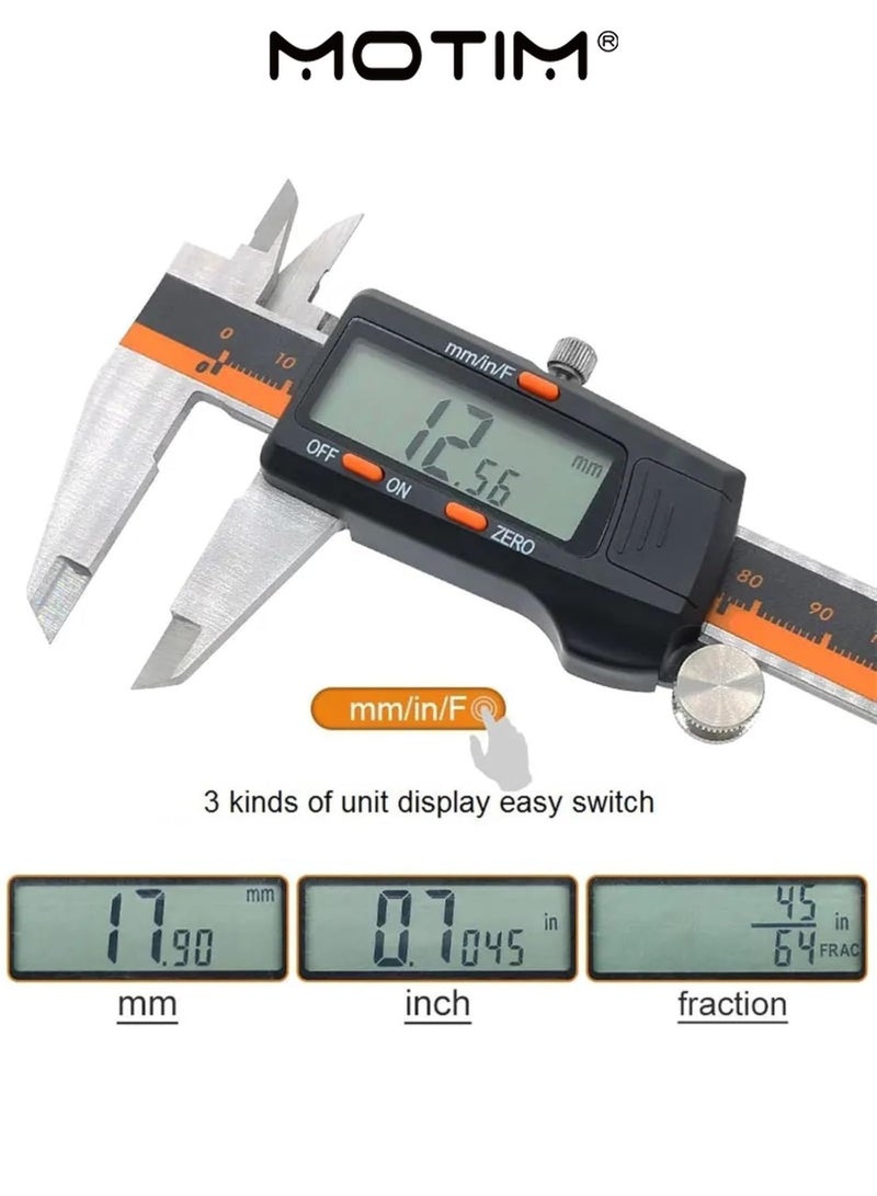 Motim Stainless Steel Electronic Digital Caliper 0-150mm LCD Digital Vernier Caliper Micrometer Inch/Fractions/Millimeter Conversion Inside Outside Diameter Measuring Tools Electronic Depth Tester - Image 3