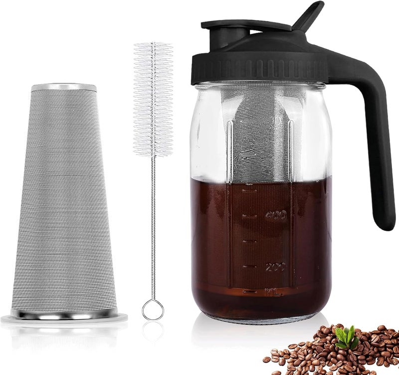 QHH Cold Brew Coffee Maker, 32oz Cold Brew Pitcher with Stainless Steel Super Dense Filter, Durable Glass, BPA Free Sturdy Mason jar, for Iced Brew Coffee, Lemonade, Homemade Fruit Drinks Container - Image 1
