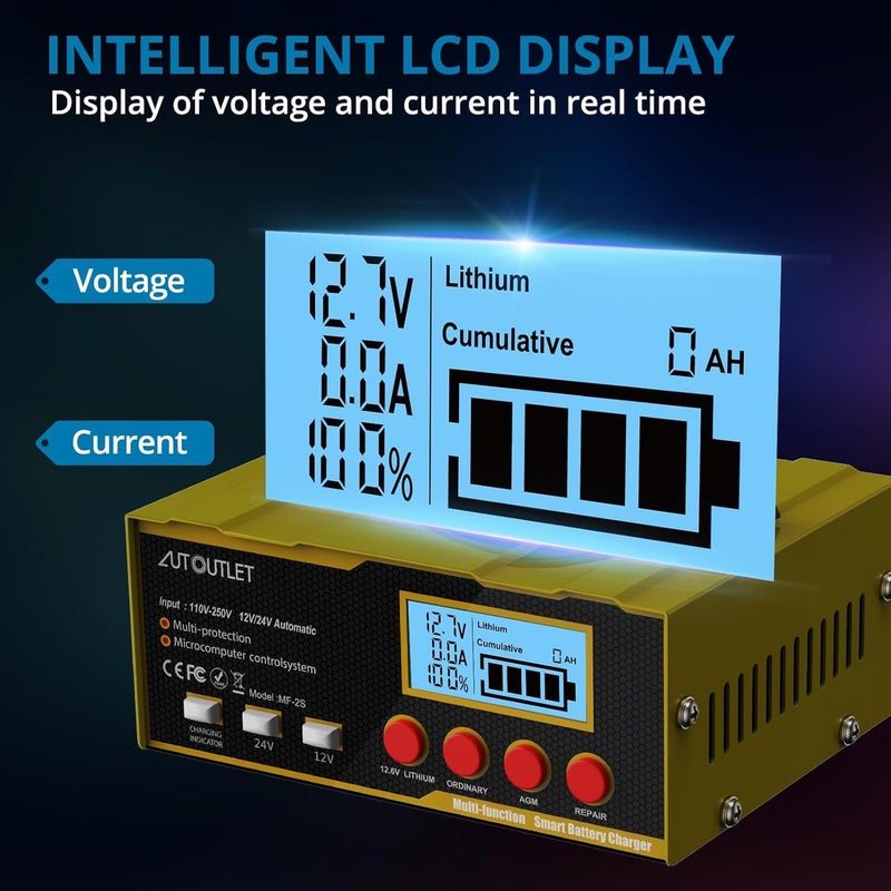 أوتو يوتيليت شاحن وصيانة بطارية AUTOUTLET متعدد الاستخدامات 12/24 فولت مع شاشة LCD ذكية، شاحن بطارية سيارة 12 أمبير لحمض الرصاص - Image 5