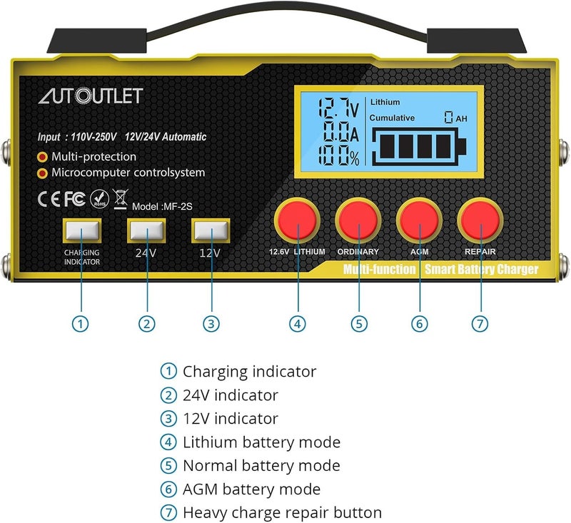 أوتو يوتيليت شاحن وصيانة بطارية AUTOUTLET متعدد الاستخدامات 12/24 فولت مع شاشة LCD ذكية، شاحن بطارية سيارة 12 أمبير لحمض الرصاص - Image 2