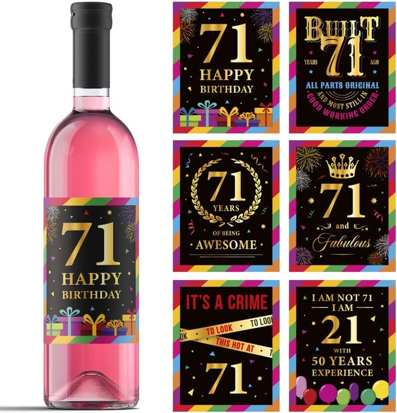 Paintio 71st Birthday Wine Labels - Wine Bottle Stickers Birthday Supplies for 71 Years Old Happy Birthday Party - Gift Idea for Birthday Anniversary - 71st Birthday Party Decorations [Set of 6] - Image 1