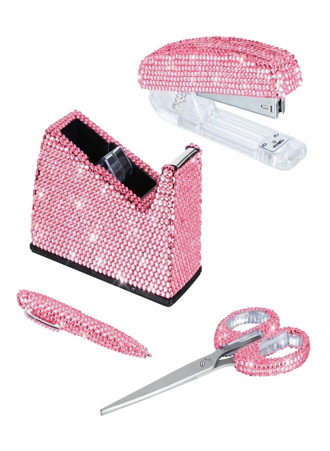 KEYPOWER Office Stationery Set,Desk Accessory Kit, Home Office Necessary- Stapler & Desktop Tape Dispenser & Ballpoint Pens & Scissor 4 Piece Office Desk Accessories Kits(Pink) - Image 1