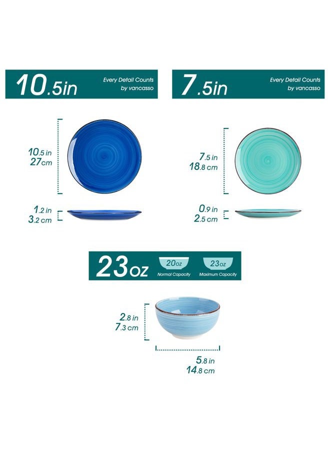 vancasso Bonita Dinnerware Set Blue Stoneware 12 Pieces Service for 4, Handpainted Spirals Pattern Stoneware Plates and Bowls Set - Image 2