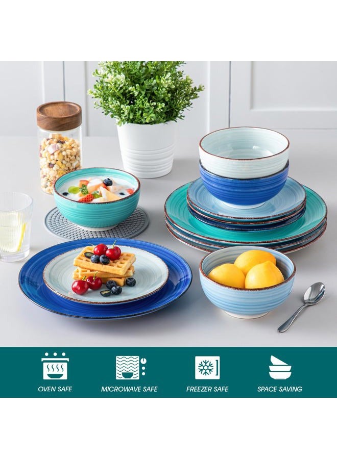 vancasso Bonita Dinnerware Set Blue Stoneware 12 Pieces Service for 4, Handpainted Spirals Pattern Stoneware Plates and Bowls Set - Image 4