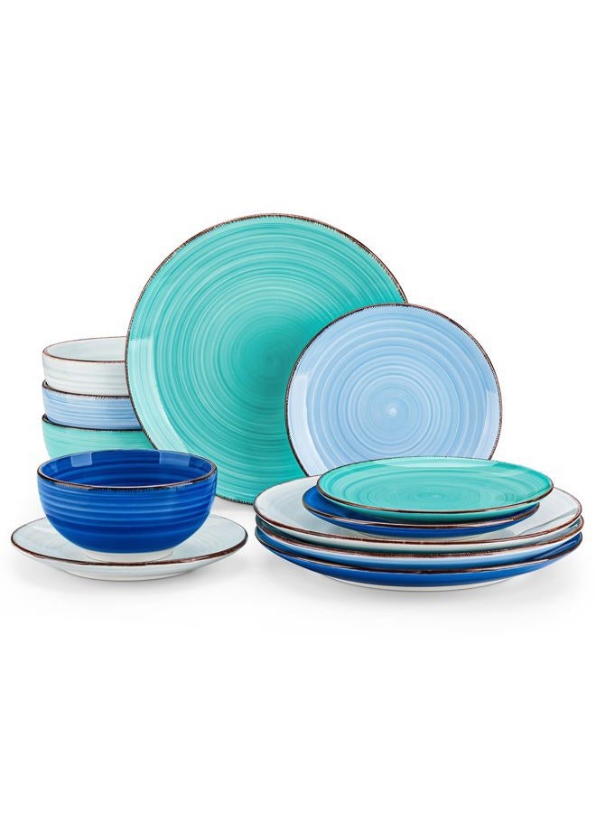 vancasso Bonita Dinnerware Set Blue Stoneware 12 Pieces Service for 4, Handpainted Spirals Pattern Stoneware Plates and Bowls Set - Image 1