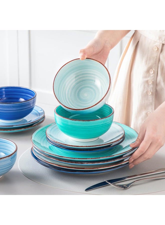 vancasso Bonita Dinnerware Set Blue Stoneware 12 Pieces Service for 4, Handpainted Spirals Pattern Stoneware Plates and Bowls Set - Image 5