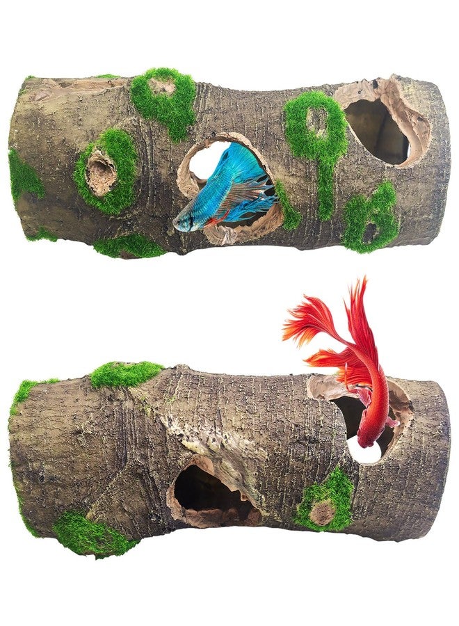 هامليدي قطعتان من زينة جذع شجرة صغير لحوض السمك، كهوف مخبأ لأسماك البيتا، زينة حوض السمك من جذع شجرة مغطى بالطحالب الراتنجية مع ثقوب وكهوف - Image 1