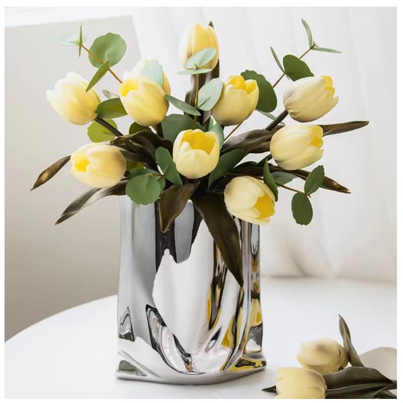 KatoonX Ceramic Flower Vase, Crinkle Paper Shape, Silver Metal, Decorative Home Accent (Small) - Image 1