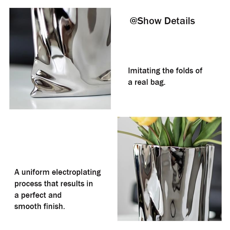 KatoonX Ceramic Flower Vase, Crinkle Paper Shape, Silver Metal, Decorative Home Accent (Small) - Image 4