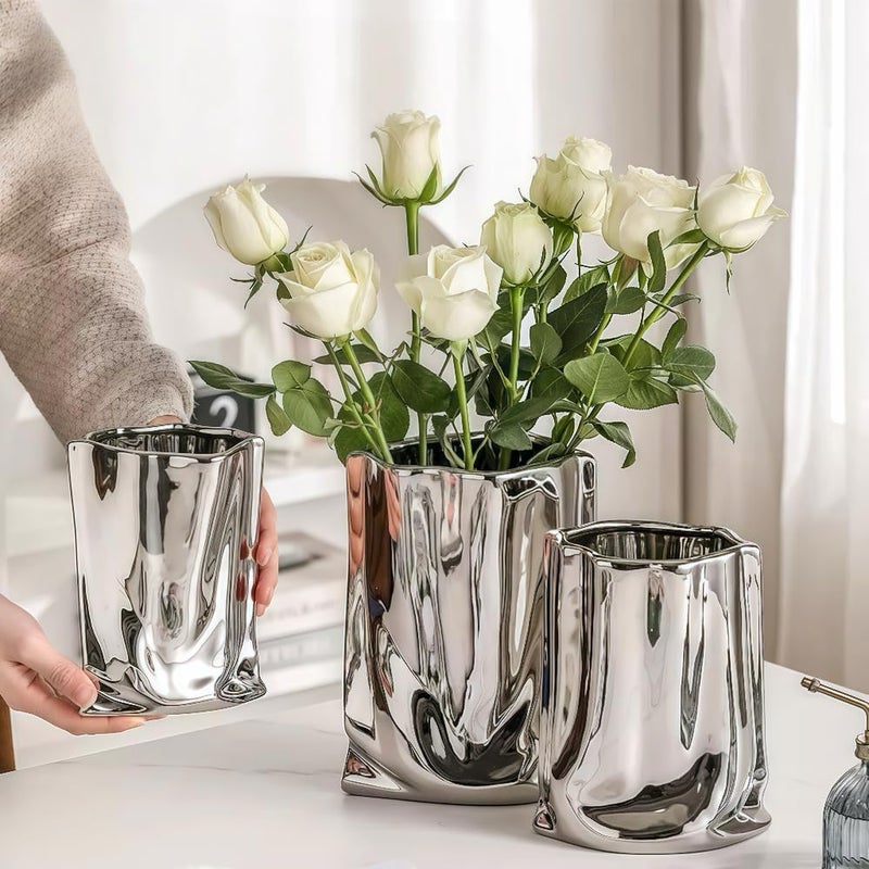 KatoonX Ceramic Flower Vase, Crinkle Paper Shape, Silver Metal, Decorative Home Accent (Small) - Image 3