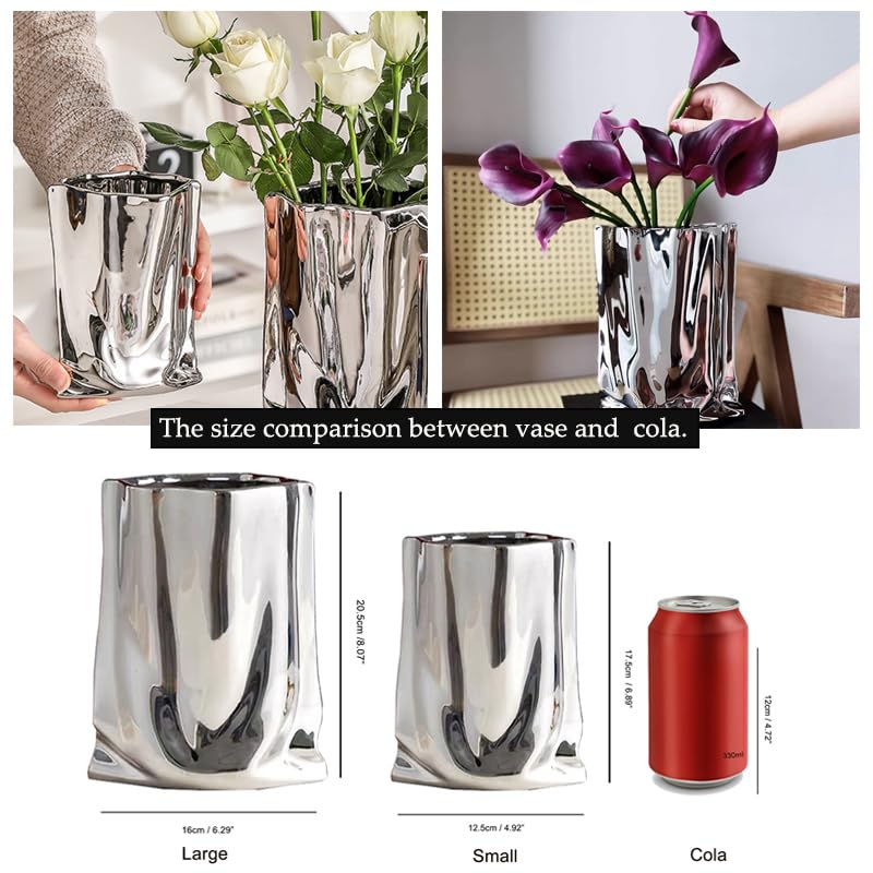 KatoonX Ceramic Flower Vase, Crinkle Paper Shape, Silver Metal, Decorative Home Accent (Small) - Image 2