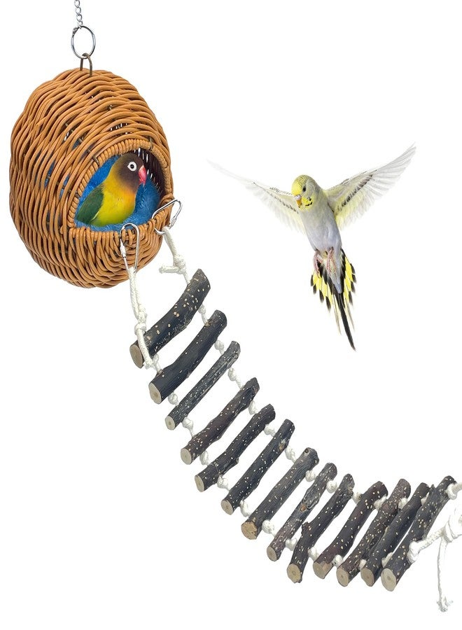VCEPJH Rattan Bird Nest Hut with Ladder Hanging Bird House for Cage Parakeet Breeding Nest Paly Ground Hideaway for Budgies Conure Finch Cockatiel Parrot Lovebird