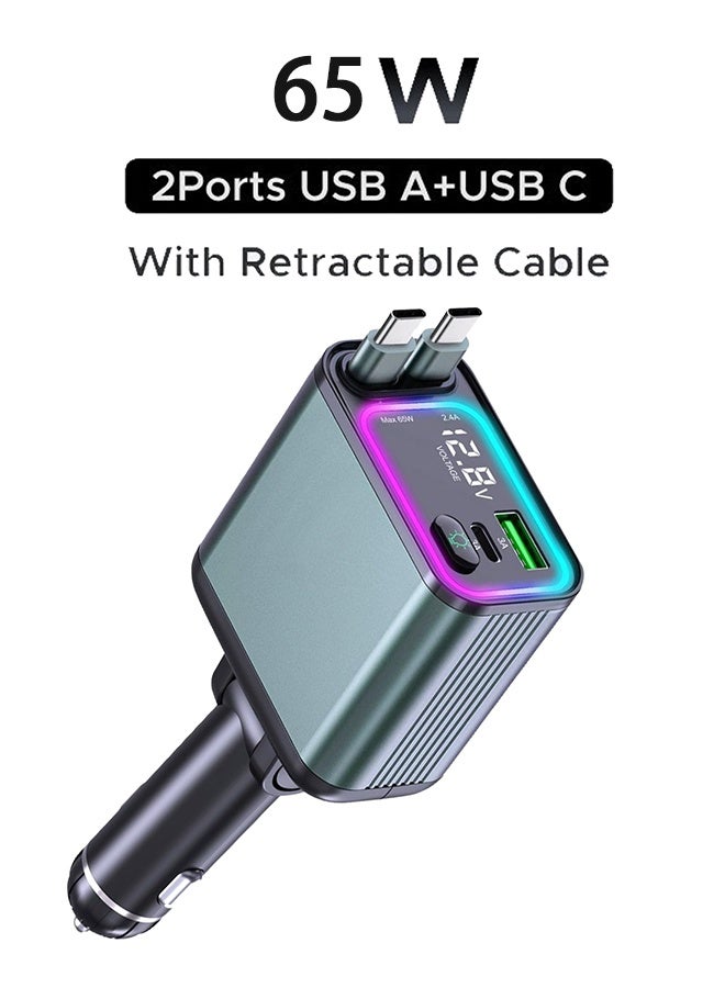 4 in 1 Retractable Car Charger with RGB Light, 92W Fast Charging Dual USB C Car Adapter, Compact Car Phone Charger for iPhone/Galaxy/Pixel, Road Trip Essentials (Dual Type C Cable)