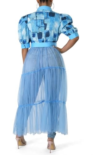 Choichic Women' Button Down Shirts High Wasit Cute Puff Sleeve Tie Waist Sheer Mesh Patchwork Dress Long Shirts Tunic Shirt Dress 3X-Large Blue - Image 4