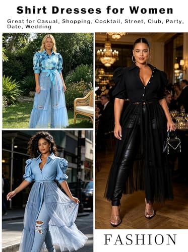 Choichic Women' Button Down Shirts High Wasit Cute Puff Sleeve Tie Waist Sheer Mesh Patchwork Dress Long Shirts Tunic Shirt Dress 3X-Large Blue - Image 5