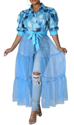 Choichic Women' Button Down Shirts High Wasit Cute Puff Sleeve Tie Waist Sheer Mesh Patchwork Dress Long Shirts Tunic Shirt Dress 3X-Large Blue - Image 2