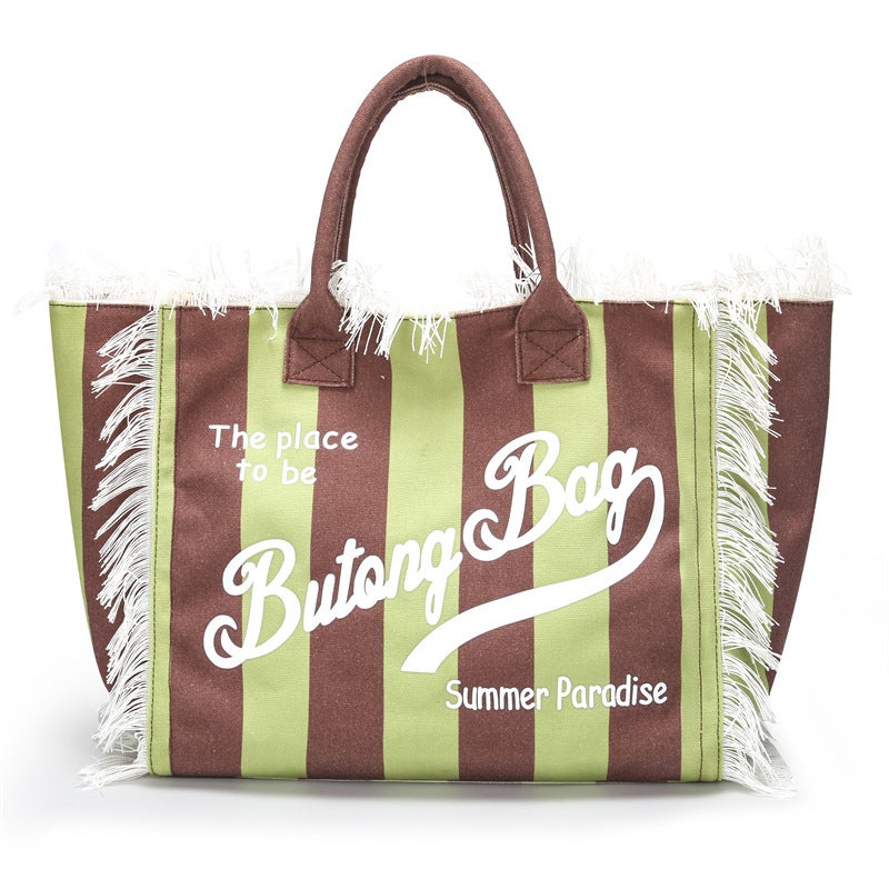New Women'S Bag Fashion Striped Large Capacity Shoulder Bag Portable Large Bag Tassel Canvas Letters Tote Bag - Image 1