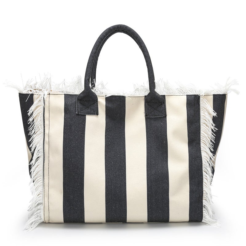New Women'S Bag Fashion Striped Large Capacity Shoulder Bag Portable Large Bag Tassel Canvas Letters Tote Bag - Image 3