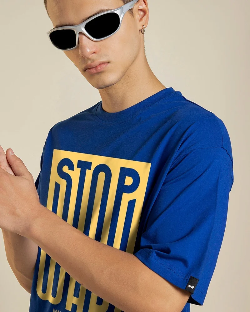 bewakoof Men's Blue Stopwar Typography Oversized T-shirt