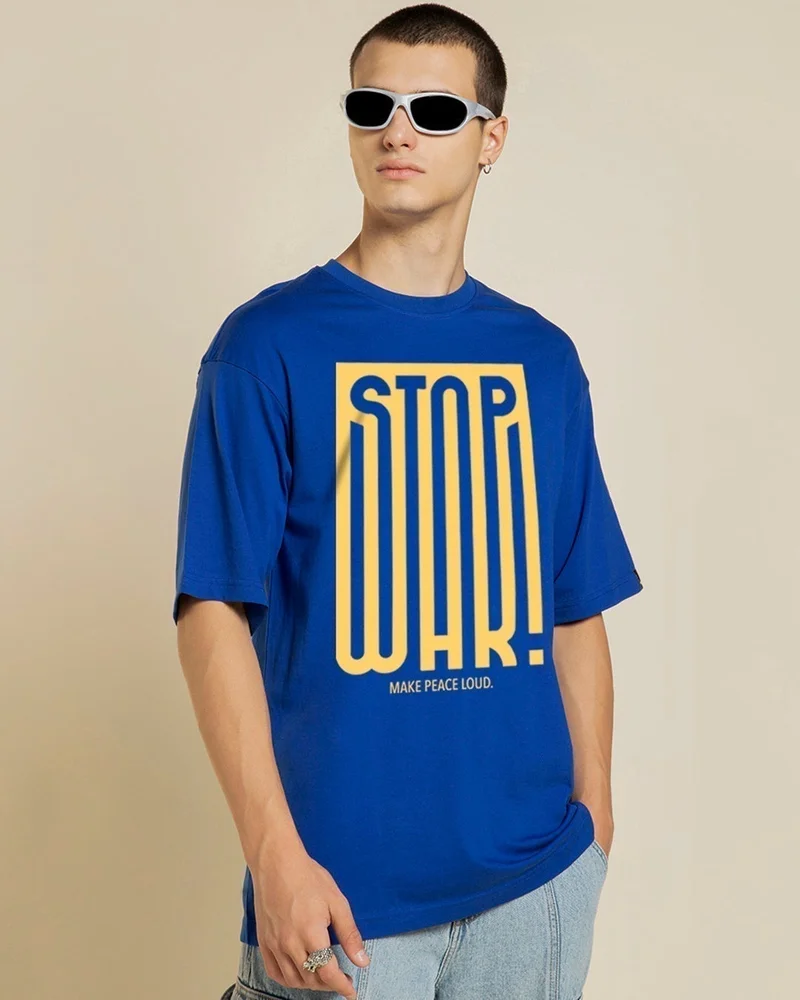 bewakoof Men's Blue Stopwar Typography Oversized T-shirt