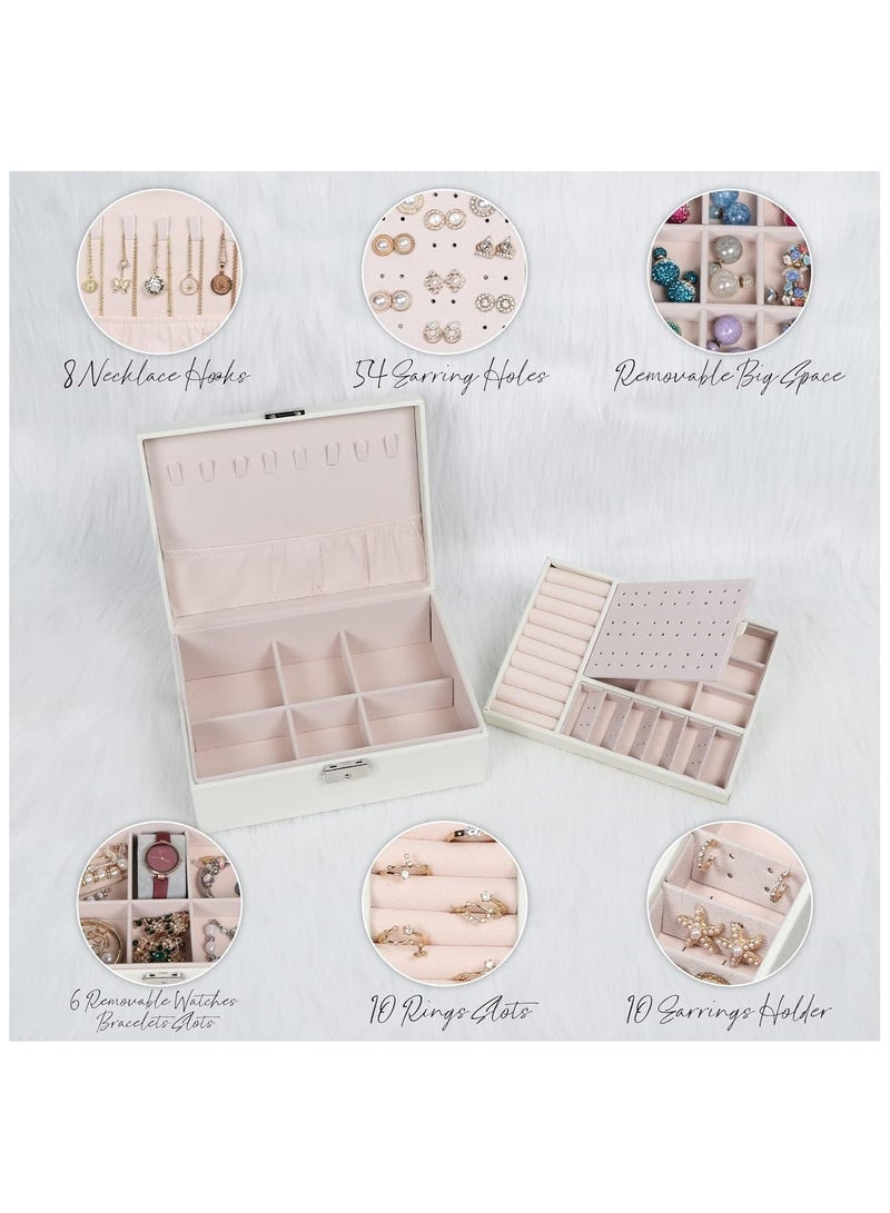 Soofam Jewelry Box for Women Girls,2 Layers Jewelry Organizer Container with Lock,PU Leather Storage Case with Removable Tray,Jewlwey Display Holder for Necklaces Earrings Bracelets Rings (White)  - Image 2