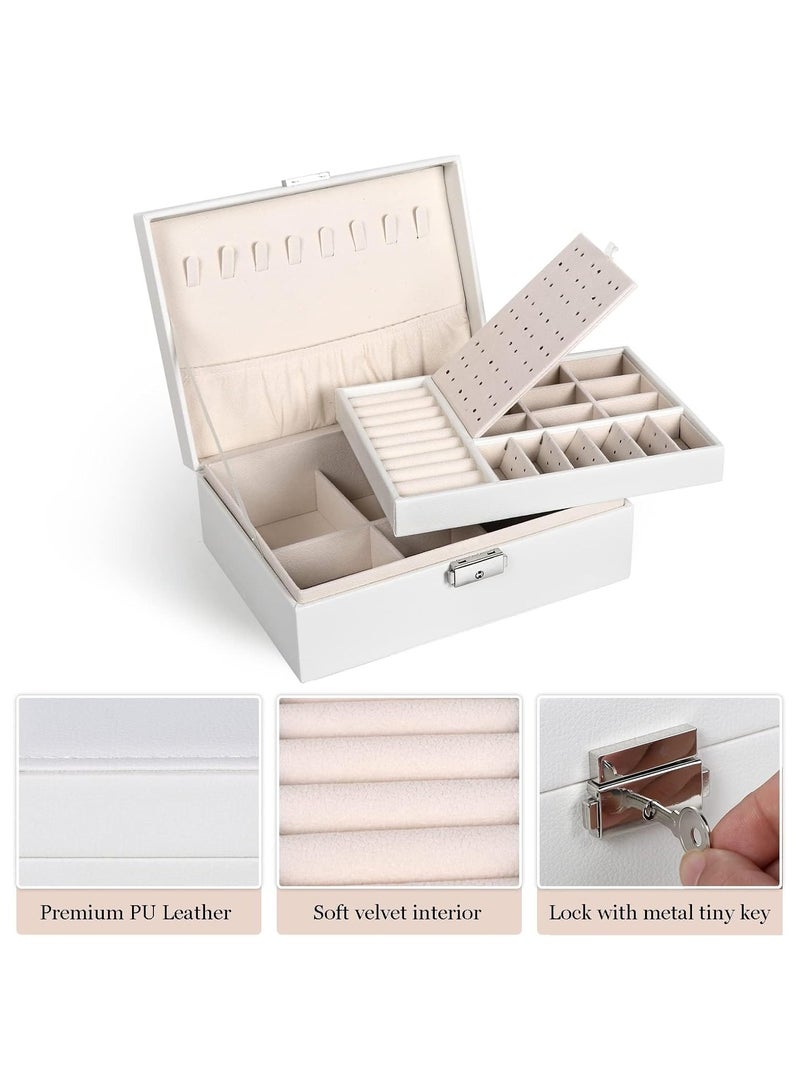 Soofam Jewelry Box for Women Girls,2 Layers Jewelry Organizer Container with Lock,PU Leather Storage Case with Removable Tray,Jewlwey Display Holder for Necklaces Earrings Bracelets Rings (White)  - Image 3