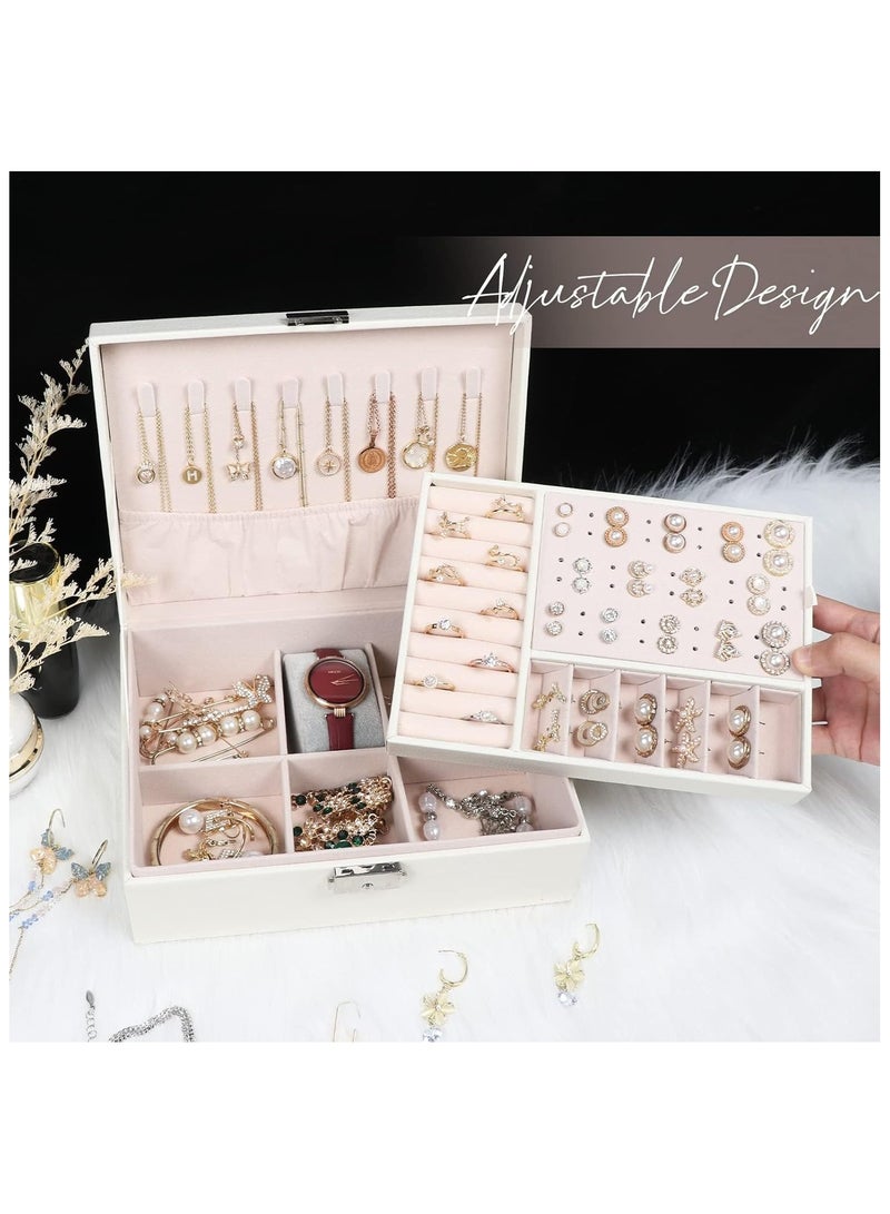 Soofam Jewelry Box for Women Girls,2 Layers Jewelry Organizer Container with Lock,PU Leather Storage Case with Removable Tray,Jewlwey Display Holder for Necklaces Earrings Bracelets Rings (White)  - Image 4