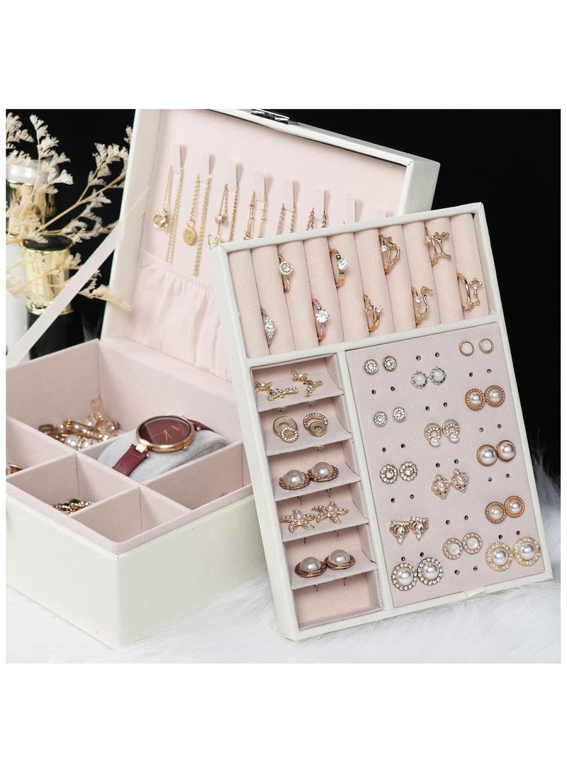 Soofam Jewelry Box for Women Girls,2 Layers Jewelry Organizer Container with Lock,PU Leather Storage Case with Removable Tray,Jewlwey Display Holder for Necklaces Earrings Bracelets Rings (White)  - Image 5
