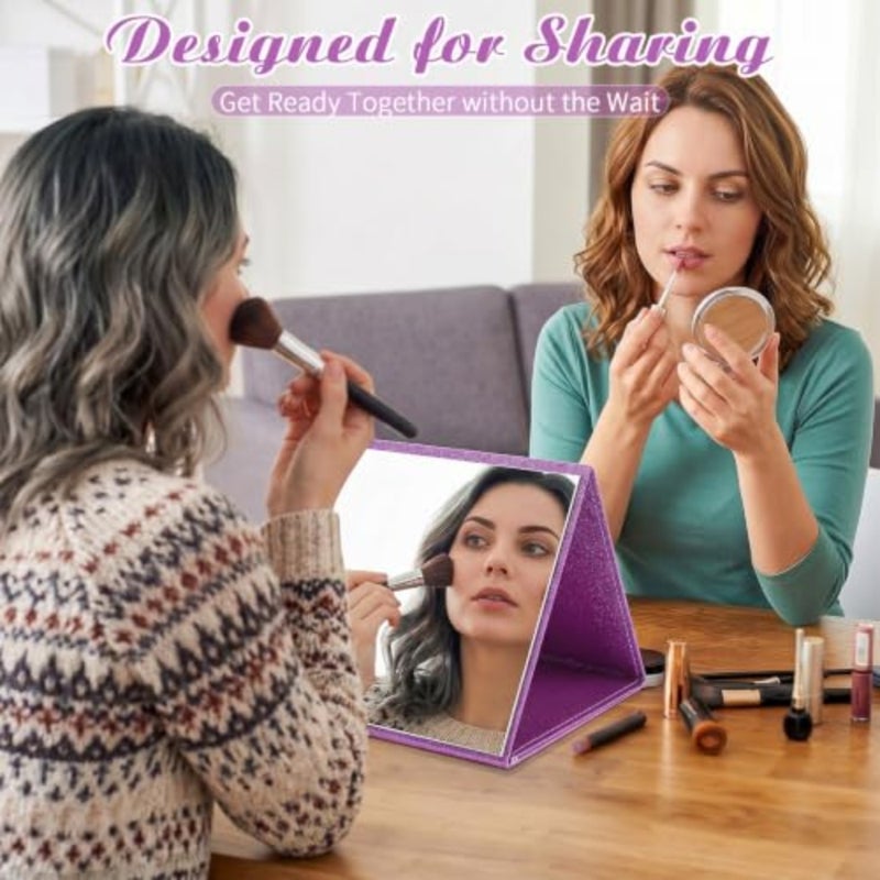 3 Way Foldable Full Length Mirror with Handle 31.89 x 11.22 Inches Leather Portable Camping Travel Hanging Folding Body Mirror for Makeup Dance Fitness Spa Hair Styling Purple, Glitter - Image 4