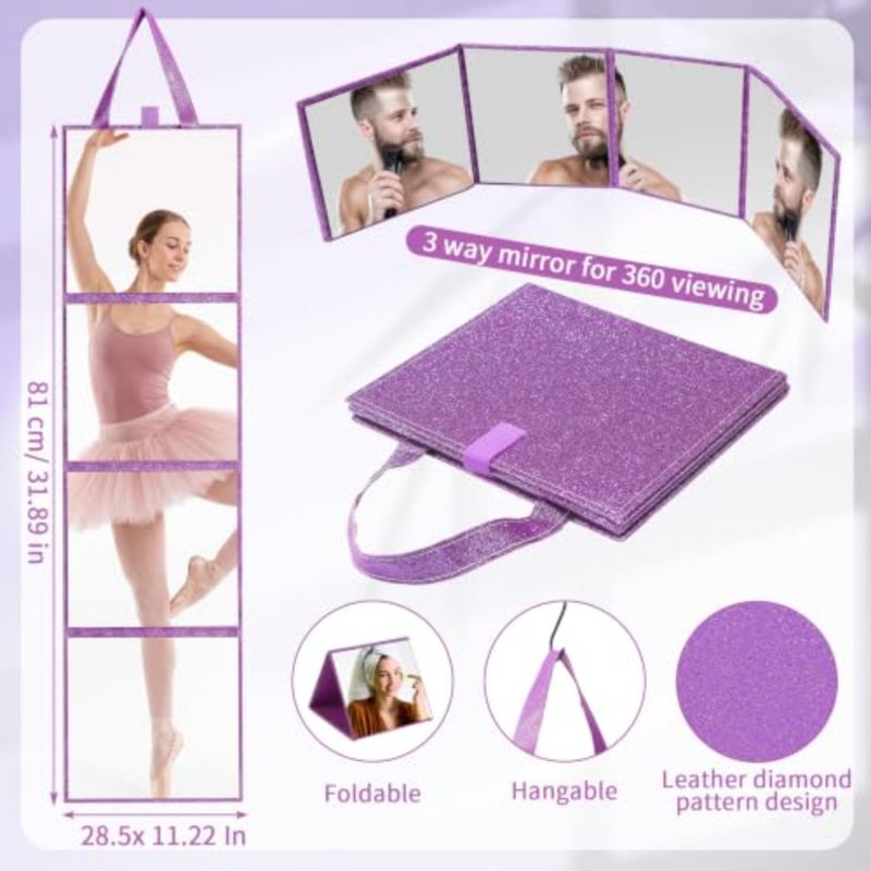 3 Way Foldable Full Length Mirror with Handle 31.89 x 11.22 Inches Leather Portable Camping Travel Hanging Folding Body Mirror for Makeup Dance Fitness Spa Hair Styling Purple, Glitter - Image 2