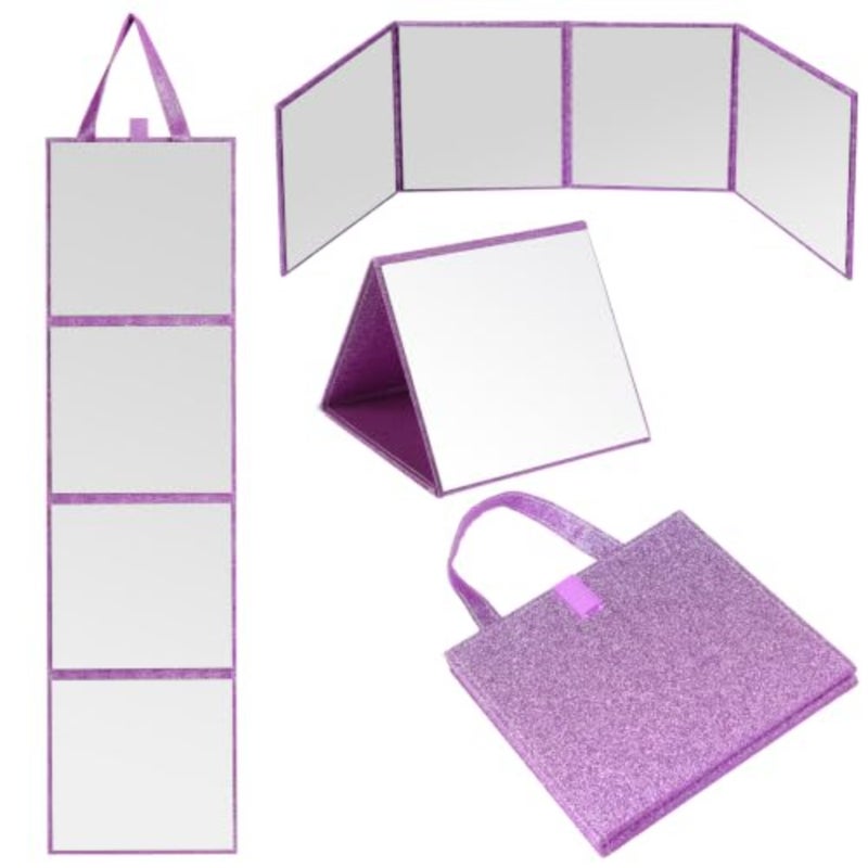 3 Way Foldable Full Length Mirror with Handle 31.89 x 11.22 Inches Leather Portable Camping Travel Hanging Folding Body Mirror for Makeup Dance Fitness Spa Hair Styling Purple, Glitter - Image 1
