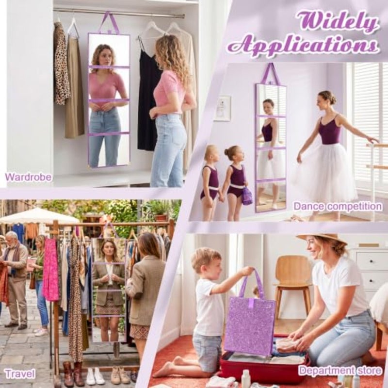 3 Way Foldable Full Length Mirror with Handle 31.89 x 11.22 Inches Leather Portable Camping Travel Hanging Folding Body Mirror for Makeup Dance Fitness Spa Hair Styling Purple, Glitter - Image 5