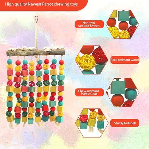 MQ Large Bird Parrot Toy,Bird Chewing Toy Natural Wooden Wooden Blocks Takraw Parrot Cage Bite Toy Suits for Large Medium Birds Macaws African Grey Cockatoos Amazon Parrots - Image 4