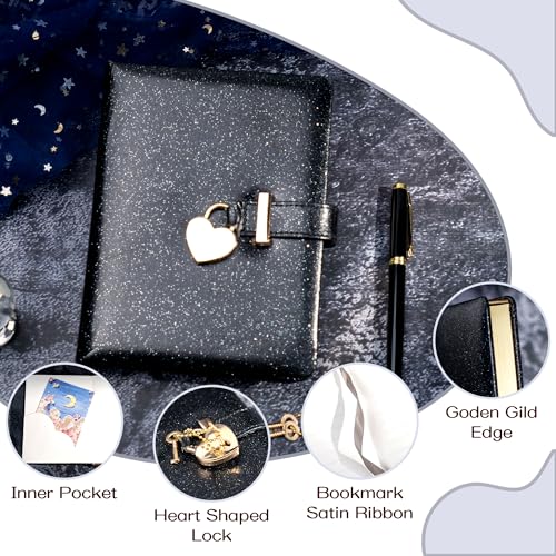CAGIE Diary with Lock and Key for Girls Ages 8-12 Journal with Lock 296 Gold Edged Pages Heart-Shaped Locked Journal for Women Teen Girls with Gift Box, 5.3 x 7 Inch, Black - Image 4