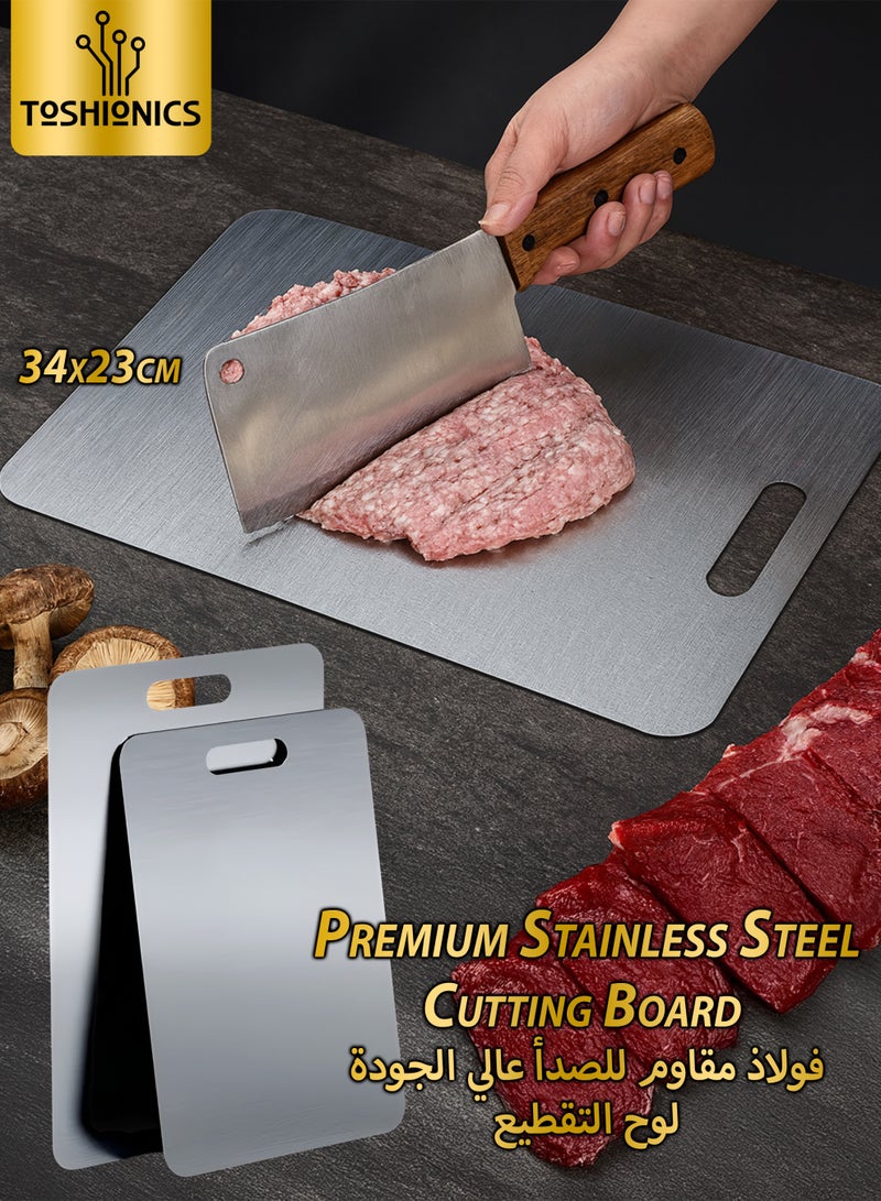 Toshionics Premium Stainless Steel Cutting Board Double-Sided Thickened Design 23X34cm – Heavy Duty Kitchen Chopping Board with Handle – Food Grade Metal Board for Meat, Vegetables, Fruits, Fish, Dough Kneading & Baking – Easy to Clean, Durable, Anti-Mold, Odor-Free Kitchen Tool Gift for Mother’s Day & Father’s Day - Image 1