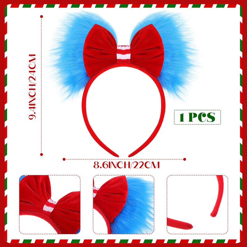 Canlierr Halloween Blue and Red Bow Headband Large Furry Hair Bow Headband Fuzzy Pom Hairband for Women Holiday Party(1 Pcs) - Image 3