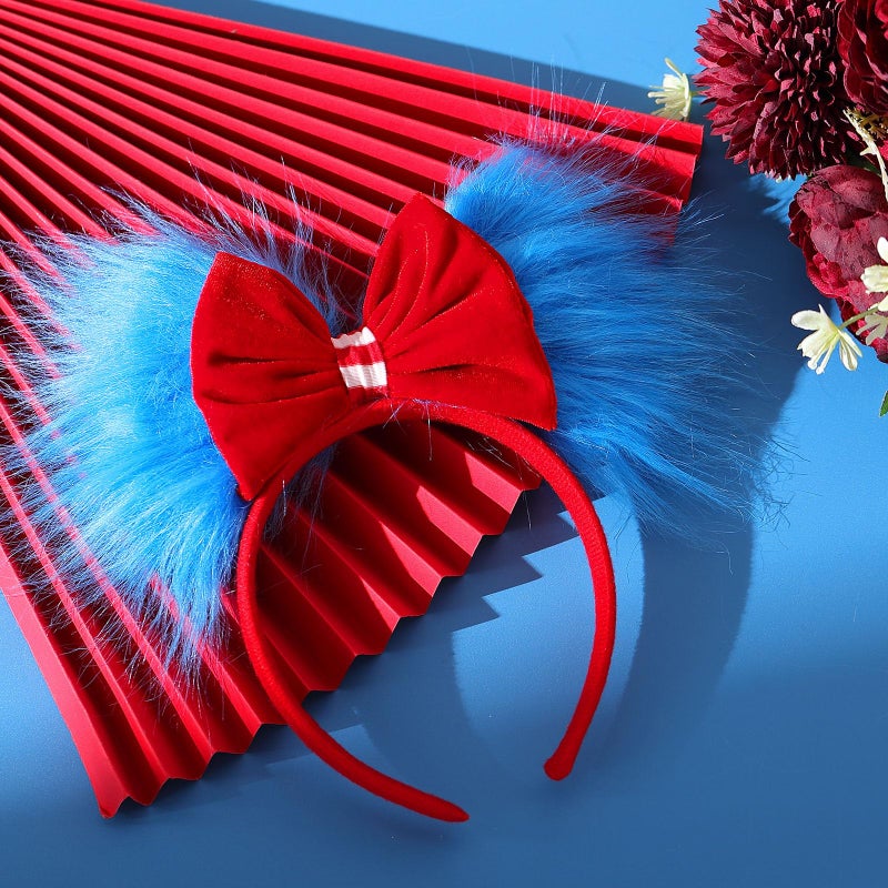 Canlierr Halloween Blue and Red Bow Headband Large Furry Hair Bow Headband Fuzzy Pom Hairband for Women Holiday Party(1 Pcs) - Image 2
