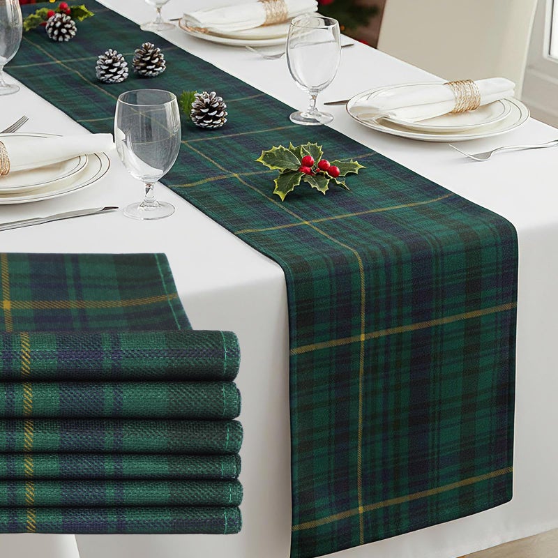 Gilprop 6 Pcs 72 x 13'' Tartan Plaid Bear Babyshower Table Runner Vintage Birthday Party Decoration for Baby Shower Theme Party Table Runner Dining Room Home Kitchen Decor (Green and Blue) - Image 1